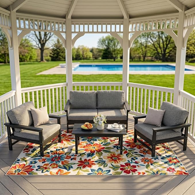 4-Piece Outdoor Patio Furniture Set, Modular HDPE Conversation Set with Loveseat, 2 Armchairs & Large Coffee Table, Waterproof & UV-Resistant Outdoor Sofa with Cushions for Garden