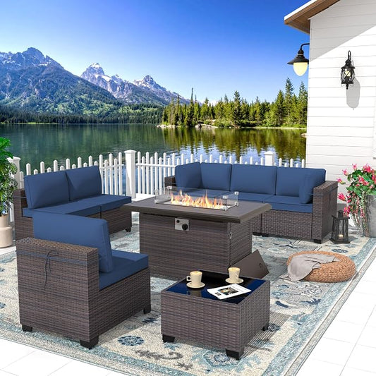 Patio Furniture Set with Fire Pit Table 8 Pieces Outdoor Sectional Sofa Set,PE Rattan Wicker Patio Conversation Set w/43in 55000 BTU Propane Fire Pit Table,NavyBlue