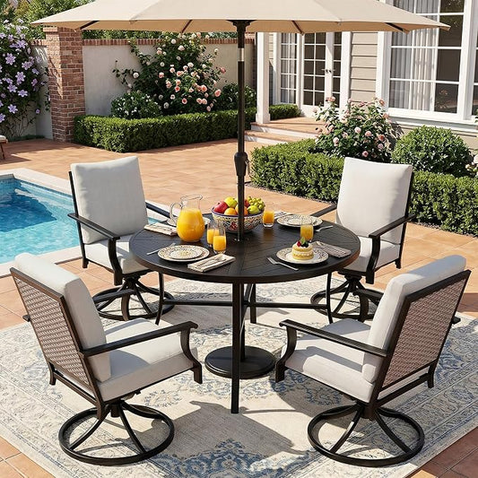 NATURAL EXPRESSIONS 5 Pieces Patio Dining Set, 4 Outdoor Swivel Rocking Chairs with 38" Round Table, All Weather Outdoor Table and Chairs for Outside, Garden, Backyard