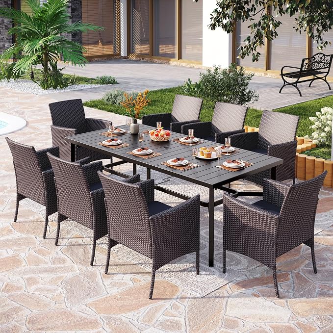 PHI VILLA 9 Piece Patio Dining Set, 83" Rectangular Table, Rattan Chairs | Outdoor Dining Set for 8, Metal Dining Table with Umbrella Hole, Large Outdoor Dining Table Set for Patio, Deck, Porch