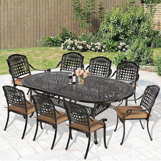 MEETWARM 9-Piece Patio Dining Set Outdoor Furniture with 8 Stackable Patio Chairs and Large Table, 8 Cushions, All Weather Cast Aluminum Patio Garden Set, 2" Umbrella Hole, Dark Bronze
