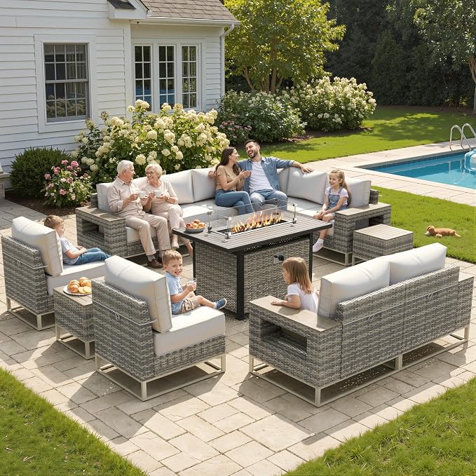 Outdoor Patio Furniture Set 13-Piece PE Rattan Wicker Outdoor Sectional Sofa with 5,000 BTU Fire Pit Table, Modern Modular L-Shaped Conversation Set with Thickened Cushions and Chunky Arms, White