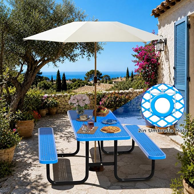 6FT Rectangular Steel Outdoor Picnic Table, Commercial Picnic Table Bench Set with Umbrella Hole, Weather-Resistant Heavy Duty School Dining Table for Stores, Park, Patio, Garden, Backyard, Blue