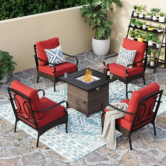 Patio Furniture Set with 32" Fire Pit Table,Patio Conversation Sets 4 Fixed Chairs with Thick Cushion and 50000 BTU Fire Pit Table (5 Pieces,Red