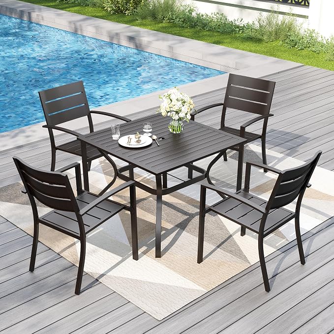 PHI VILLA Patio Dining Set for 4, Stackable Chairs& Square Metal Table | 37" Black Table&Stackable Wrought Iron Chairs,Outside Furniture Set for Deck, Porch, Backyard