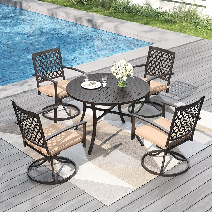 PHI VILLA 5 Pcs Outdoor Dining Set for 4&Round Metal Table | Table w/ Umbrella Hole & Swivel Wrought Iron Chairs w/h Cushions, Large Modern Furniture for Patio, Deck, Backyard, Porch