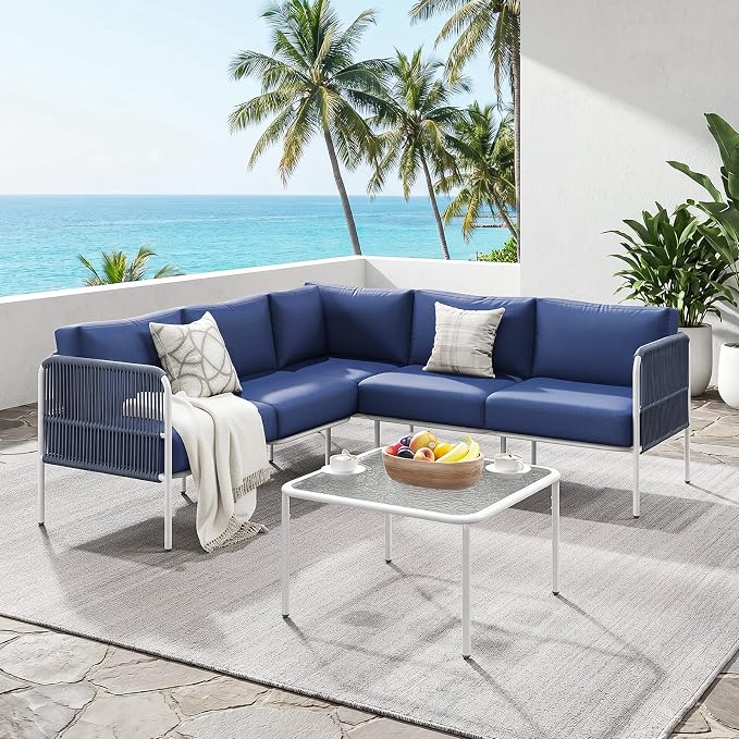 Jocoevol 6-Piece Outdoor Patio Furniture Set - L-Shaped Sectional Sofa with Side Table & Thick Cushions - All-Weather Metal Conversation Set for Backyard, Garden, Balcony
