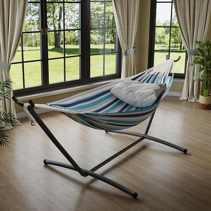 Takywep Double Hammock with Heavy-Duty Steel Stand – 2 Person Cotton Hammock Bed – Portable with Carry Bag – 450lbs Capacity, Space-Saving Frame for Garden, Camping, Beach – Ocean Color