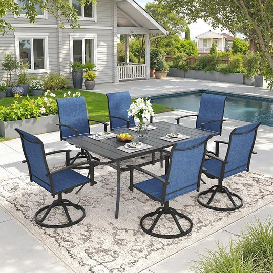 DIFY 7 Pieces Outdoor Dining Set, Metal Patio Table and Chairs Set for 6 with Umbrella Hole, 59.2" Black Rectangle Table and Blue Textilene Swivel Patio Chairs for Garden, Backyard, Poolside