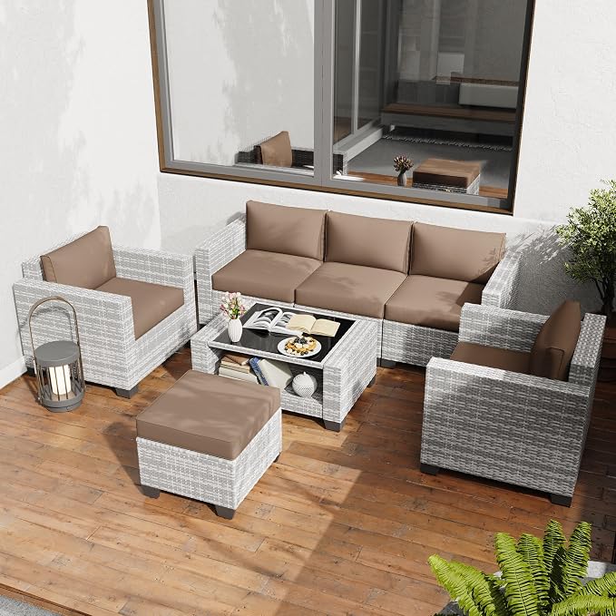 KIGOTY Patio Furniture Set 7 PCS Patio Conversation Sets, All-Weather PE Rattan Outdoor Sectional Sofa with Cushion and 2- Tier Glass Coffee Table（Grey White/Camel）
