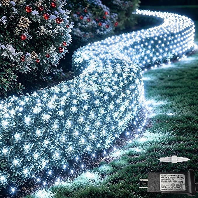Pooqla Cool White Net Lights, 34.5X 5ft Christmas Lights Outdoor Clear Wire | 610 LED Large Net Mesh Lights Plug in, 8 Modes Waterproof Connectable Bushes Lights for Christmas Hedge Yard Decor