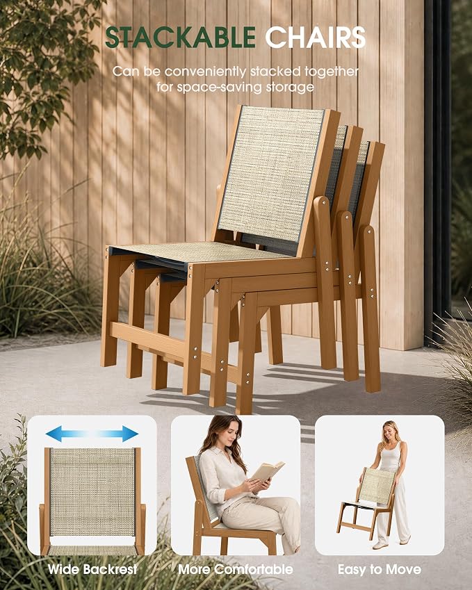 Patio Stackable Chair, HDPE Armless Outdoor Dining Chairs with Wide Seat, All-Weather Textilene Oversized Porch Chair for Garden, Poolside, Backyard, Deck | Teak
