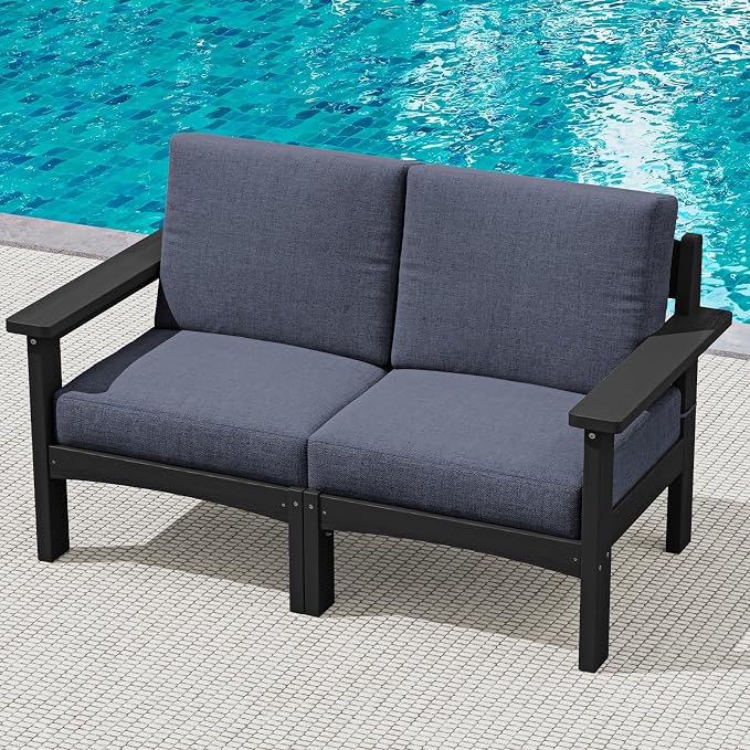 SERWALL HDPE Patio Loveseat Sofa, 2 Pieces Single Sofa, Weather-Resistant Outdoor Furniture Chair with Thick Removable Cushion, Balcony, Garden, Backyard, Poolside, Black Frame with Grey Cushion