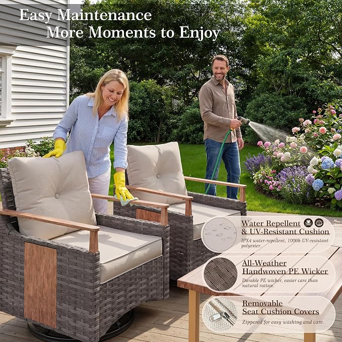 Nestnook 6 Pieces Patio Furniture Set, Outdoor All-Weather Handwoven PE Wicker Swivel Chairs, Conversation Set with Coffee Table, Sofa with Thick Cushion & Ottoman for Backyard, Deck & Poolside, Beige