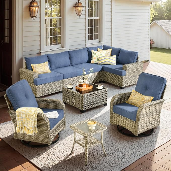 CAODOC 9 Piece Patio Furniture All Weather 7-Seater Outdoor Sectional Sofa with Patio Swivel Chairs and Solar Powered Coffee Table for Porch,Garden,Backyard,Deck(Light Blue)