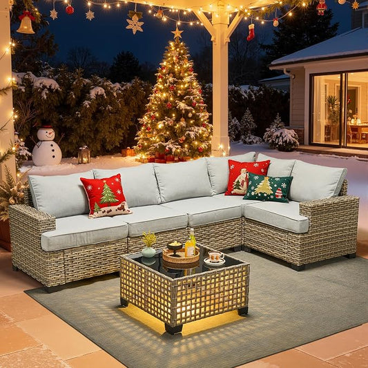 HOOOWOOO Sectional Patio Furniture Set with Solar Light Table,6 Pieces Wicker Outdoor Furniture L Shaped Couch,Outside Conversation Set with Extra Deep Seat Sofa Wide Arm,Light Gray