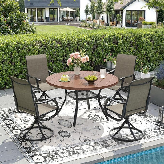 DIFY Outdoor Dining Set for 4, 5 Piece Patio Table and Chairs Set, Swivel Patio Dining Chairs with Brown Textilene & 40.6" Walnut Round Metal Dining Table with Umbrella Hole, for Garden Backyard Deck
