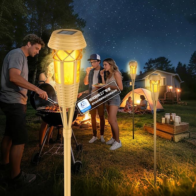 Flickering Flames Solar Powered Lights - Upgraded Solar Torches Waterproof Outdoor Decorative Lighting Auto On/Off, Handmade Bamboo Finish (Yellow-8pack-new)