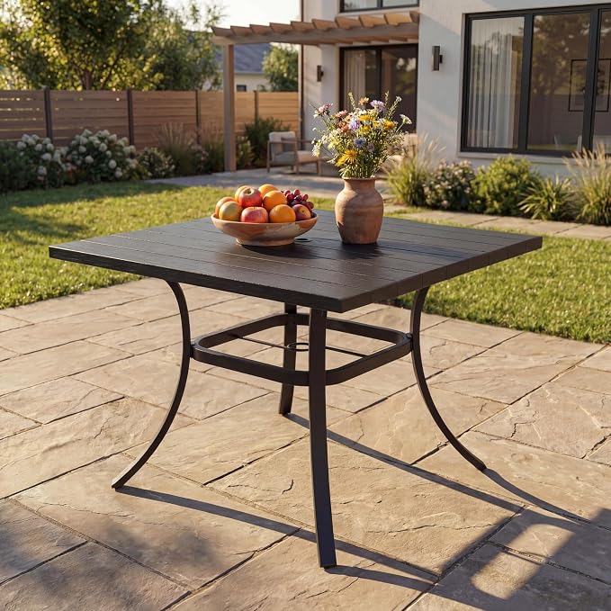 Grand patio Outdoor 37-Inch Square Dining Table Weather-Resistant Picnic Table Embossed Woodgrain with 1.5”Market Umbrella Hole for Garden, Lawn, Backyard