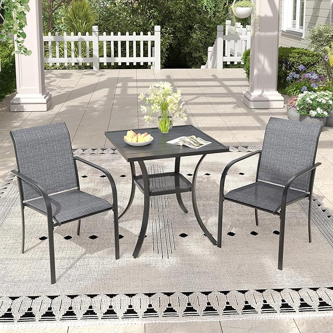 3 Pieces Outdoor Dining Set, Stackable Textilene Patio Chairs & 27.5" Square Dining Table with Shelf, Patio Dining Set for Backyard, Deck, Garden, Grey & Black