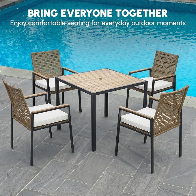 BEEFURNI Wicker Patio Furniture Dining Set, Outdoor Patio Table and Chairs Set, Rattan Outdoor Furniture Set, Acacia Wood Table, Chairs, Weather Proof Set for Porch, Backyard (Brown) (Brown, 5 PCS)