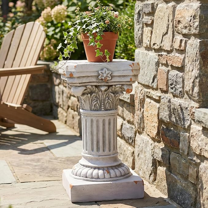 Merax 16.73" H Corinthian Pedestal Plant Stand, MGO Decorative Pedestal Side Table for Indoor Outdoor Entryway Garden Home, Antique White, No Assembly Needed