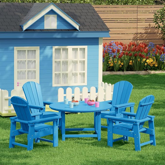 Costaelm Paradise Kids 5-Piece HDPE Outdoor Patio Round Dining Table and Chairs Set, Pacific Blue