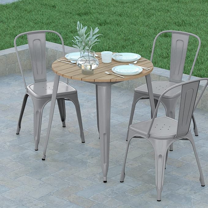 EMMA + OLIVER Drew Dining Table - Brown 30" Round Poly Resin Table Top - Silver Steel Base - All-Weather for Indoor/Outdoor Use