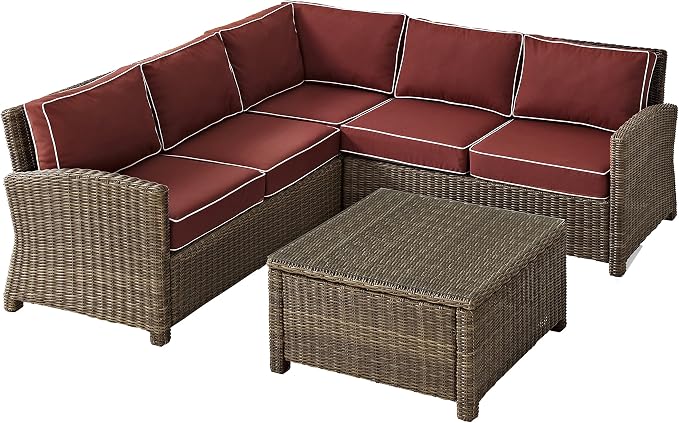 Crosley Furniture Bradenton 4-Piece Outdoor Sectional Sofa Wicker Conversation Patio Furniture Set for Deck, Brown with Sangria Cushions