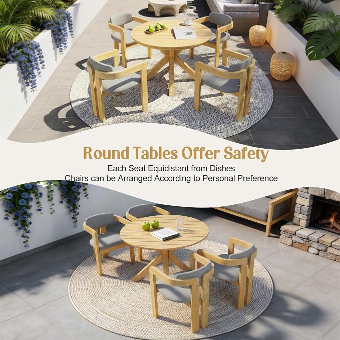 Christopher Knight Home Katy Modern 5 Piece Outdoor Dining Set, Round Dining Table Set for 4 with Chairs, Acacia Wood Patio Furniture Set with Barrel Chairs and Seat & Back Cushions, Grey+Natural