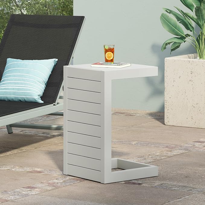 Cape Coral Alu C-Shaped Table White Outdoor Side Table 14.5" W x 15" D x 24" H Aluminum Frame White