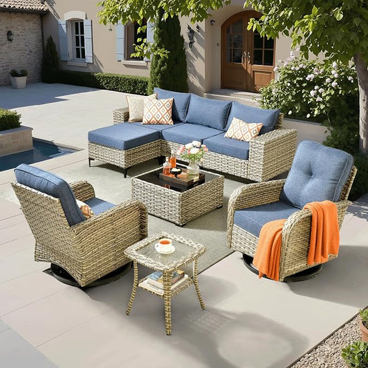 ovios 8-Piece Patio Furniture Set with L-Shape Sofa Chaise, Outdoor Sectional Couch Swivel Gliders, Modern Modular Wicker Rattan Conversation Set, Denim Blue