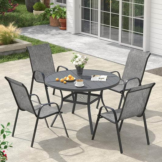 VICLLAX Round Outdoor Patio Dining Set for 4, Metal Slatted Patio Table with Umbrella Hole and 4 Stackable Patio Chairs for Deck Lawn Garden, Grey Fabric and Dark Grey Tabletop