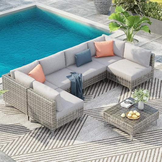 YOPTO 7-Piece Wicker Patio Furniture Set with Water Resistant Thick Cushions & Coffee Table,Outdoor Conversation Set Sectional Sofa W/Removable Cushions Cover,Free Combination,for Patio,Backyard,Gray