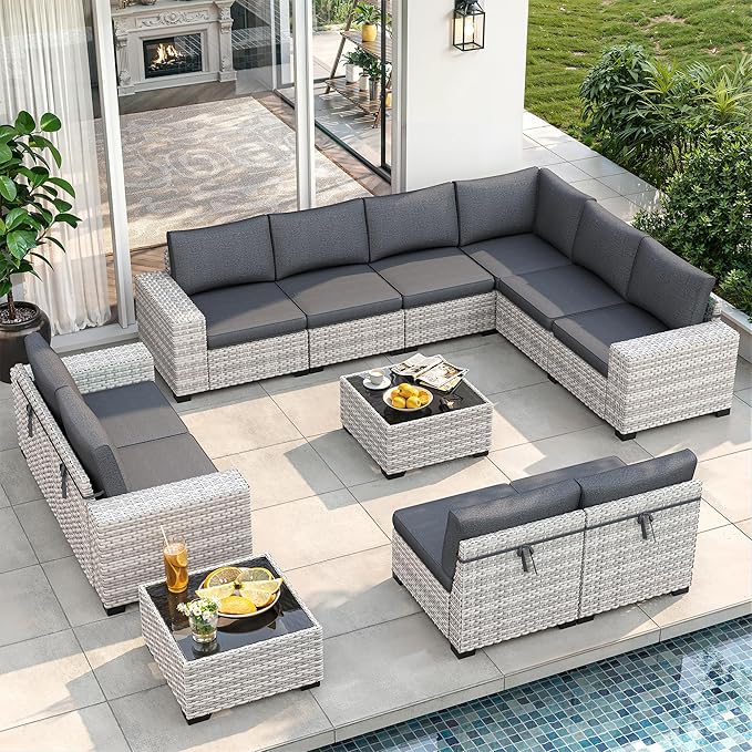 12 Piece Outdoor Wicker Sectional Sofa Set, 10-Seats Patio Furniture Conversation Set with 4" Thickened Cushions & Coffee Table, All-Weather PE Rattan for Garden, Backyard, Charcoal Gray