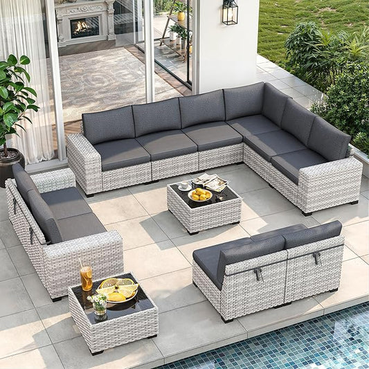 12 Piece Outdoor Wicker Sectional Sofa Set, 10-Seats Patio Furniture Conversation Set with 4" Thickened Cushions & Coffee Table, All-Weather PE Rattan for Garden, Backyard, Charcoal Gray