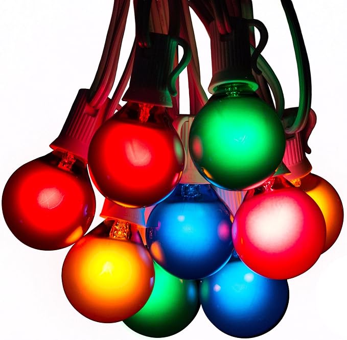 G40 Assorted Satin Pearl Colored String Lights (10 Foot – White Wire) | G40 Assorted 1.6" Bulbs, Outdoor Globe Patio String Lights