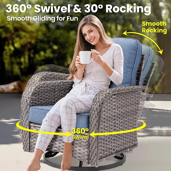 ovios 6 Pieces Patio Furniture Set, Outdoor Wicker Sofa Couch with Swivel Glider Chairs Comfy Cushions, Modern Deep Seat Rattan Conversation Sets for Deck Porch, Denim Blue