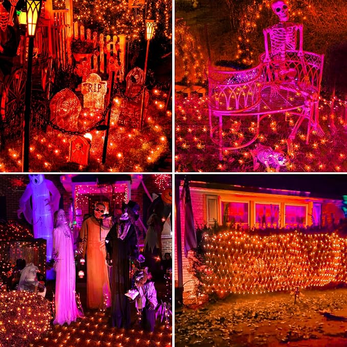 BlcTec Halloween Lights 200 LED 8.4ft x 5.2ft Orange Net Lights with 8 Modes, UL Certified, Timer, Connectable, Waterproof, Dark Green Wire for Trees, Bushes, Shrub, Lawn Halloween Decorations Outdoor