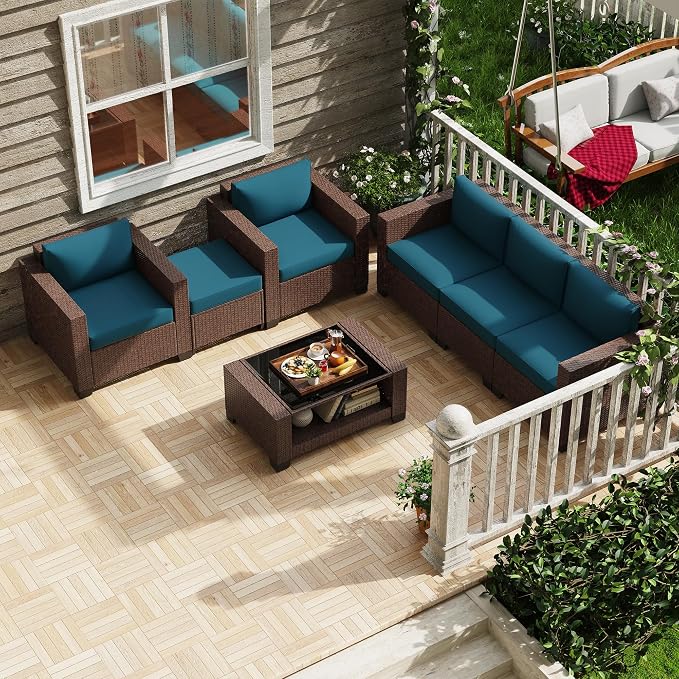 KIGOTY Patio Furniture Set 7 PCS Patio Conversation Sets, All-Weather PE Rattan Outdoor Sectional Sofa with Cushion and 2- Tier Glass Coffee Table（Brown/Peacock Blue）