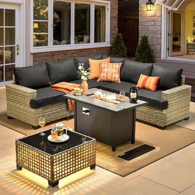 HOOOWOOO Sectional Patio Furniture Set with Fire Pit Table,7 Pieces Wicker Outdoor Furniture L Shaped Couch,Outside Conversation Set with Extra Deep Seat Sofa Wide Arm Solar Light Table,Black