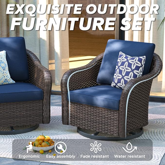 5 Pieces Outdoor Patio Conversation Furniture Set, 4 Pieces Rattan Glider 360 Degree Swivel Rocker Chairs with Removable Cushions, Coffee Table for Porch, Poolside (Navy Blue)