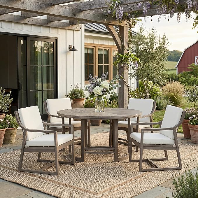 WILLIAMSPACE 5-Piece Acacia Wood Round Outdoor Patio Dining Set with 4 Chair, Brown