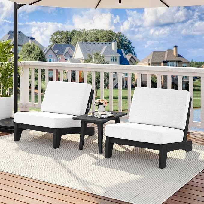 3 Piece Wood Patio Chair Outdoor Bistro Set, All Weather Outdoor Furniture Patio Sofa Backyard Seating Group Conversation Sets with Dark Wooden Side Table - Beige