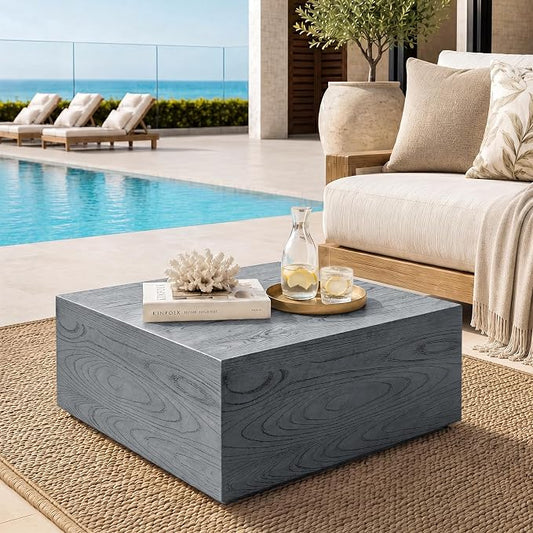 UPHA 28" Square Outdoor Coffee Table, Modern Hollow Concrete Patio Table, Small Minimalist Low Accent Table for Living Room, Balcony, Deck, Backyard, Gray Wood Finish