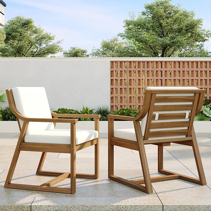 Patio Chairs Heavy Duty 400lbs Capacity Set of 2 w/Cushion, Acacia Outdoor Furniture, Teak Finish,for Garden, Patio, and Poolside