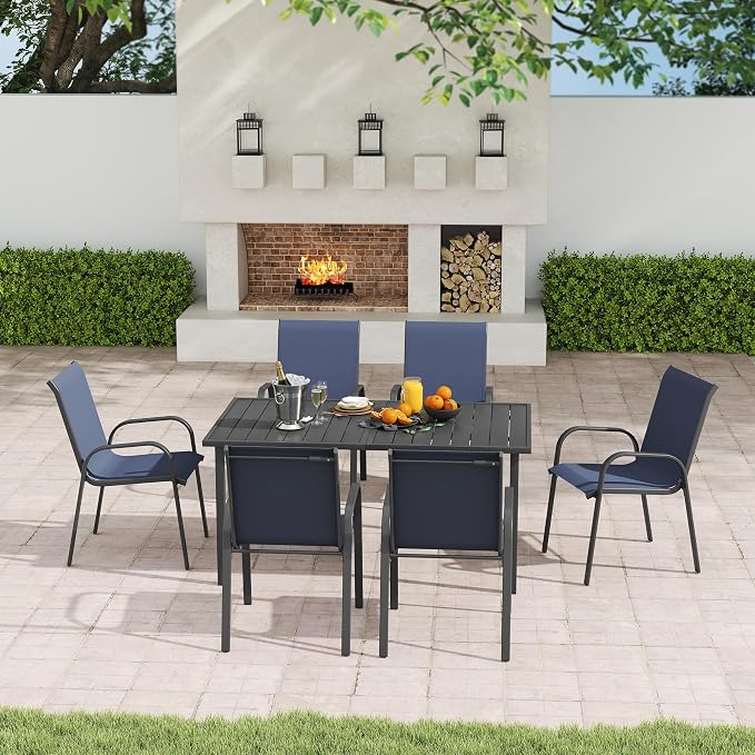 Outdoor Dining Set for 6, Patio Dining Set with Textilene Dining Chairs, Metal Dining Table with Umbrella Hole, Stackable Outdoor Chairs for Garden, Patio, Poolside and Backyard, Navy Blue