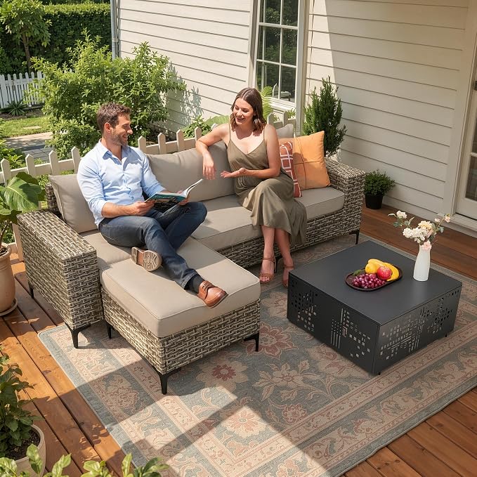 CAODOC 5-Piece Patio Furniture Set with L-Shape Sofa Chaise, Outdoor Sectional Couch Solar Table, Modern Modular Wicker Rattan Conversation Set
