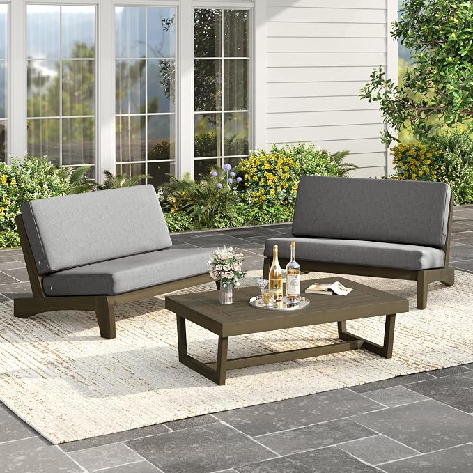Wood Patio Furniture Sets, 3 Pieces All Weather Patio Loveseat Sofa Outdoor Sectional Futniture Backyard Conversation Set with Solid Wooden Coffee Table - Light Gray