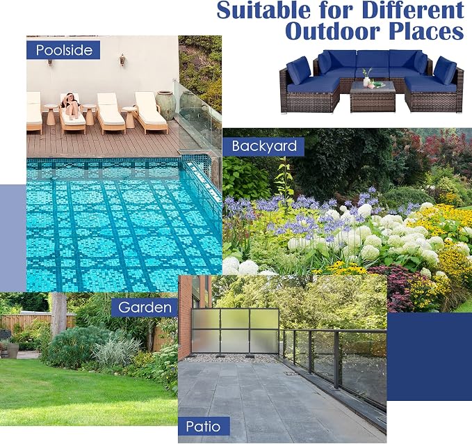 DORTALA 6 Pieces Patio Furniture Set, Outdoor Wicker Conversation Set with Glass Coffee Table, Wicker Sofa Set with Back & Seat Cushions, Rattan Sectional Conversation Couch Set, Navy